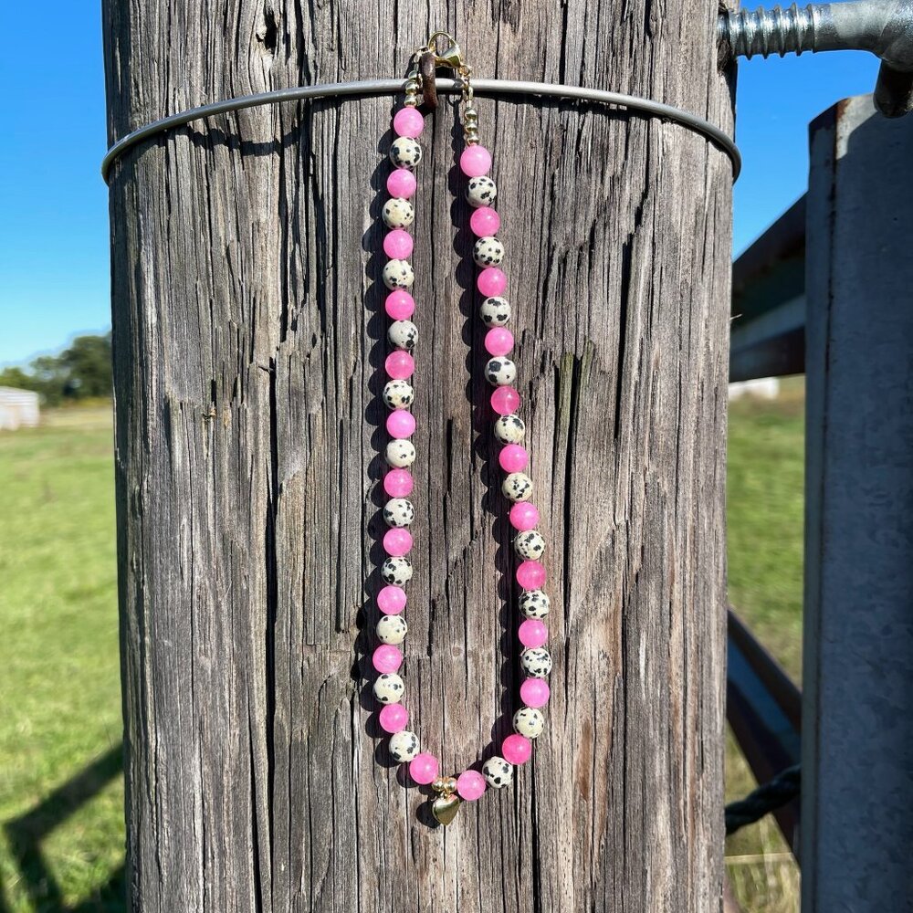 Handmade Chunky Beaded Necklace: Pink Dolomite, Cow Print Jasper, Gold Heart
